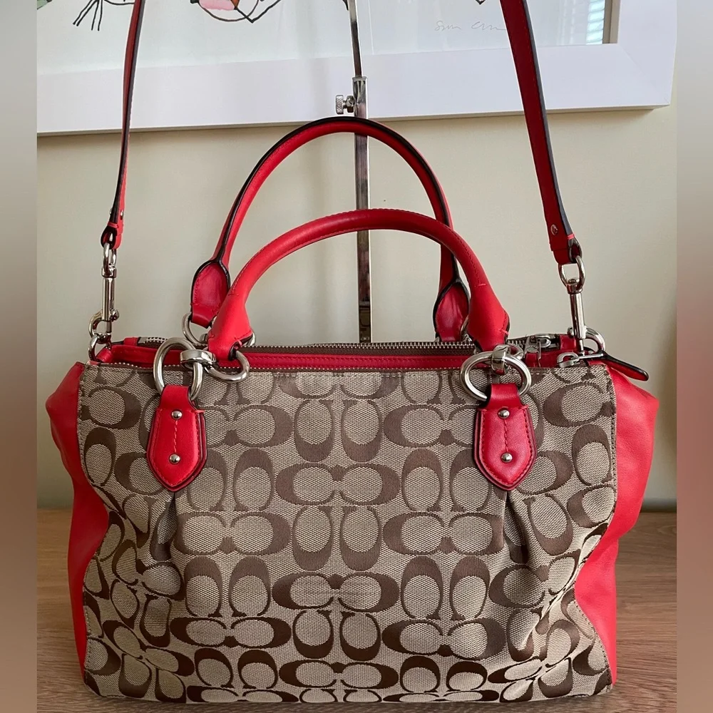 COACH F36376 SIGNATURE COLETTE CARRYALL RED TAN BROWN SHOULDER SATCHEL CROSSBODY